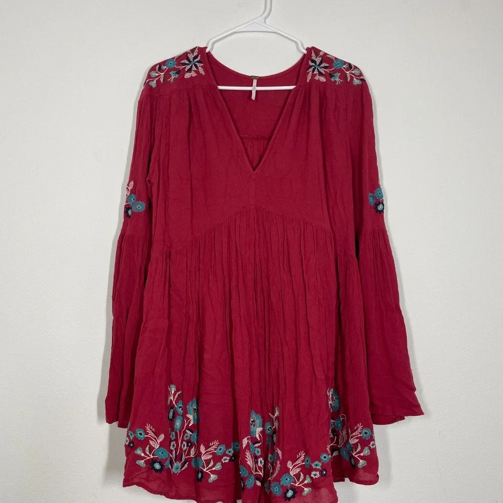 Free‎ People Dress Women S Red Embroidery Babydoll Long Sleeve Boho Western